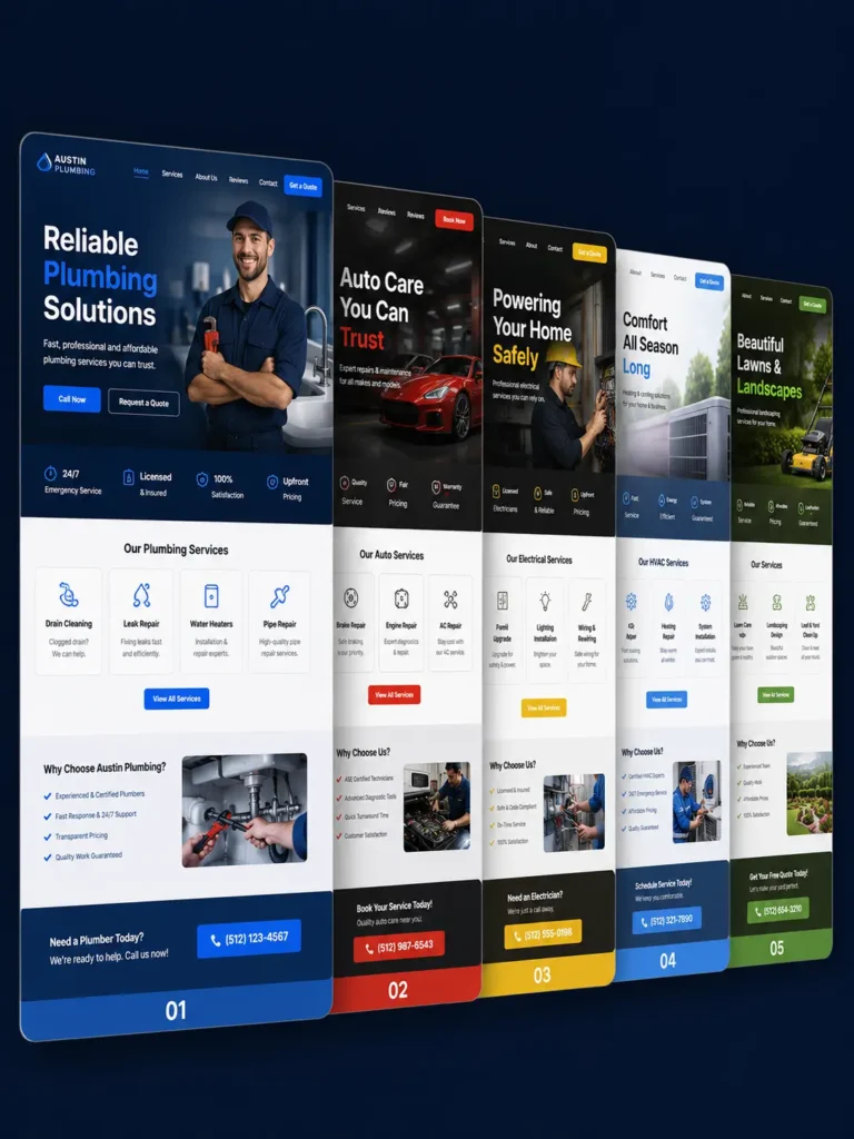 Austin TX local service website designs for plumbers, auto repair, HVAC, electricians, and landscaping businesses