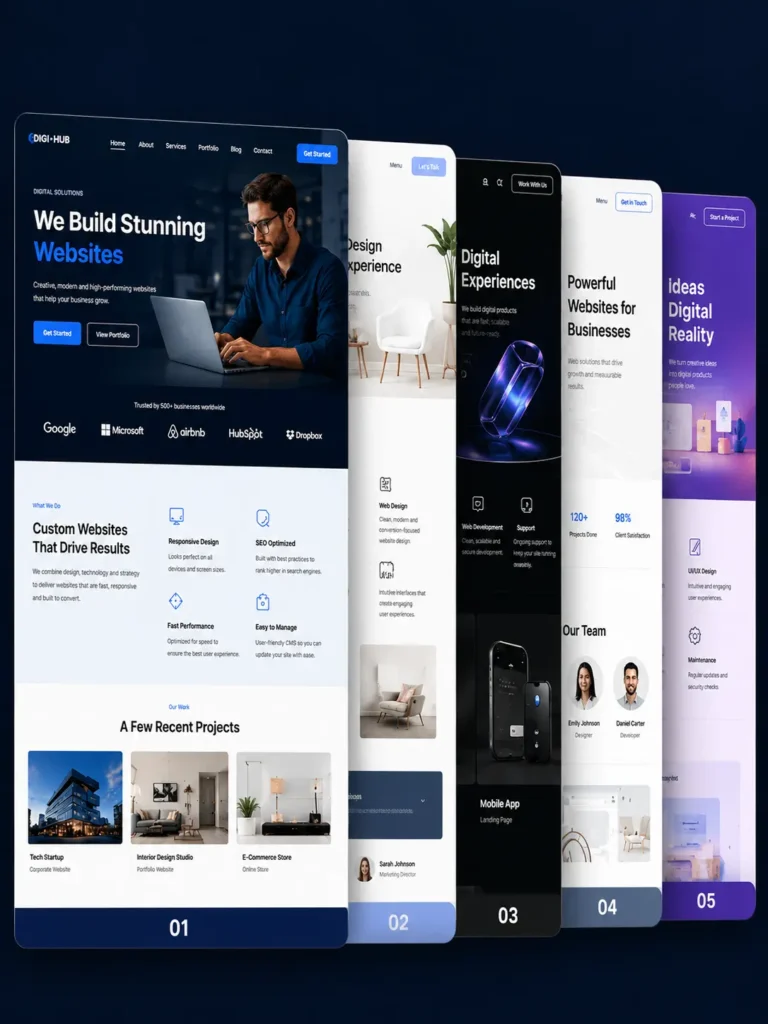Custom web design portfolio showcasing five modern website templates for business, ecommerce, SaaS, and corporate brands