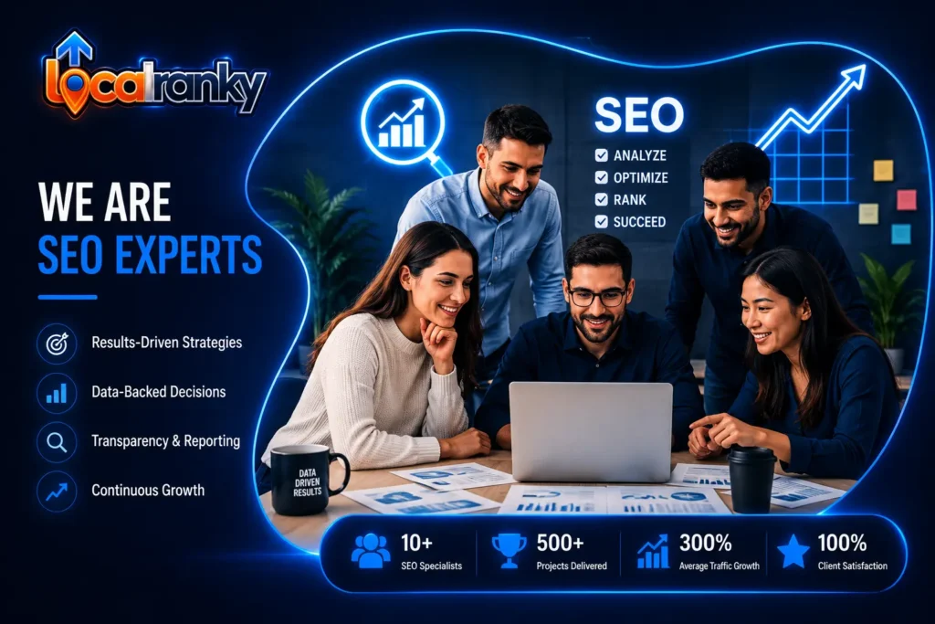 LocalRanky SEO agency team collaborating on digital marketing strategy with modern branding, SEO growth graphics, and professional business design