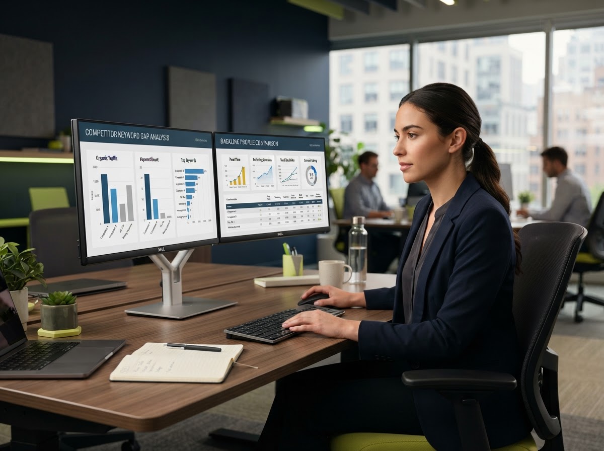Competitor SEO gap analysis - analyst comparing competitor keywords and backlinks on dual monitors