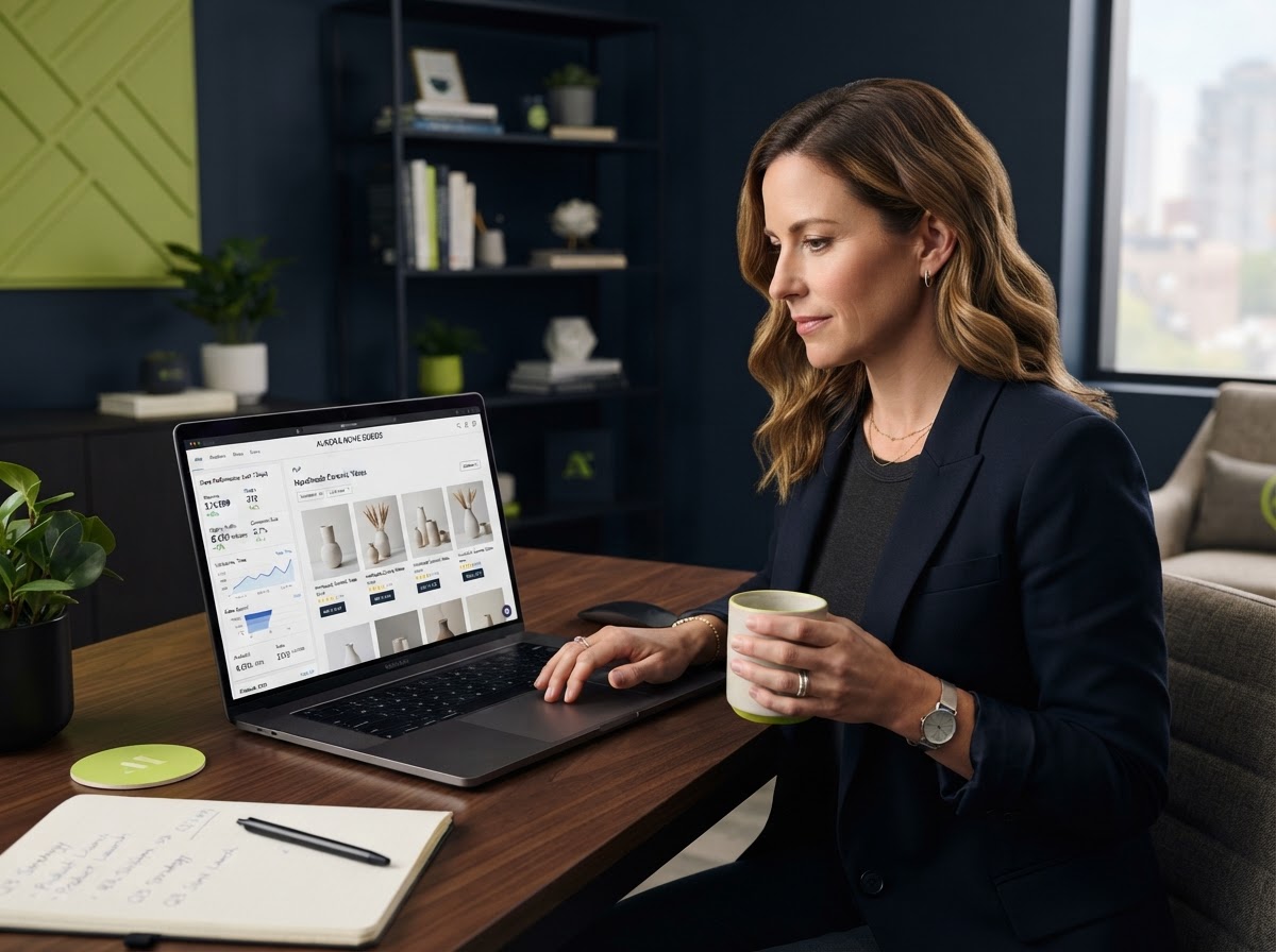 Ecommerce SEO - store owner reviewing product listings and organic sales analytics