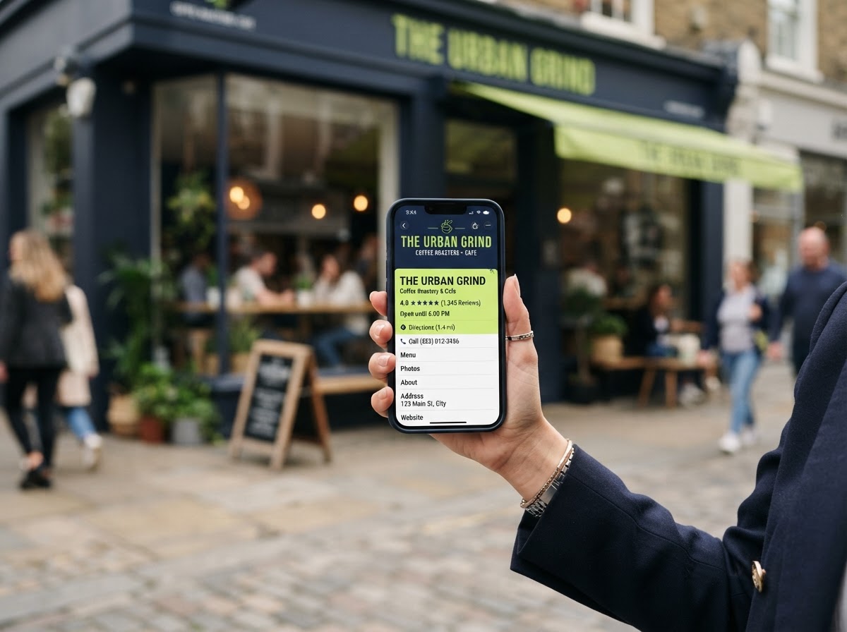 Google Business Profile optimization - smartphone showing business profile with reviews and directions