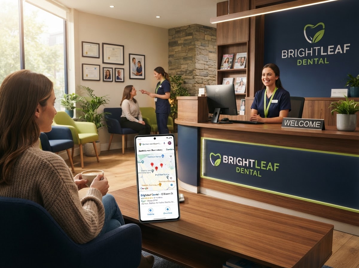Local content writing - dental clinic with smartphone showing local service search results