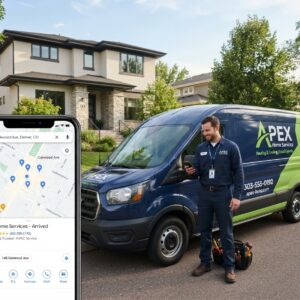 Local SEO optimization — HVAC service van and Google Maps local search for nearby customers