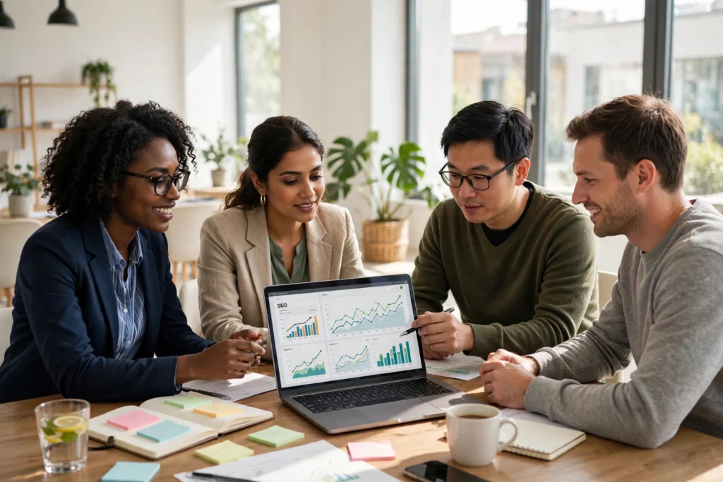 LocalRanky SEO team reviewing Google rankings and traffic growth in a bright modern office