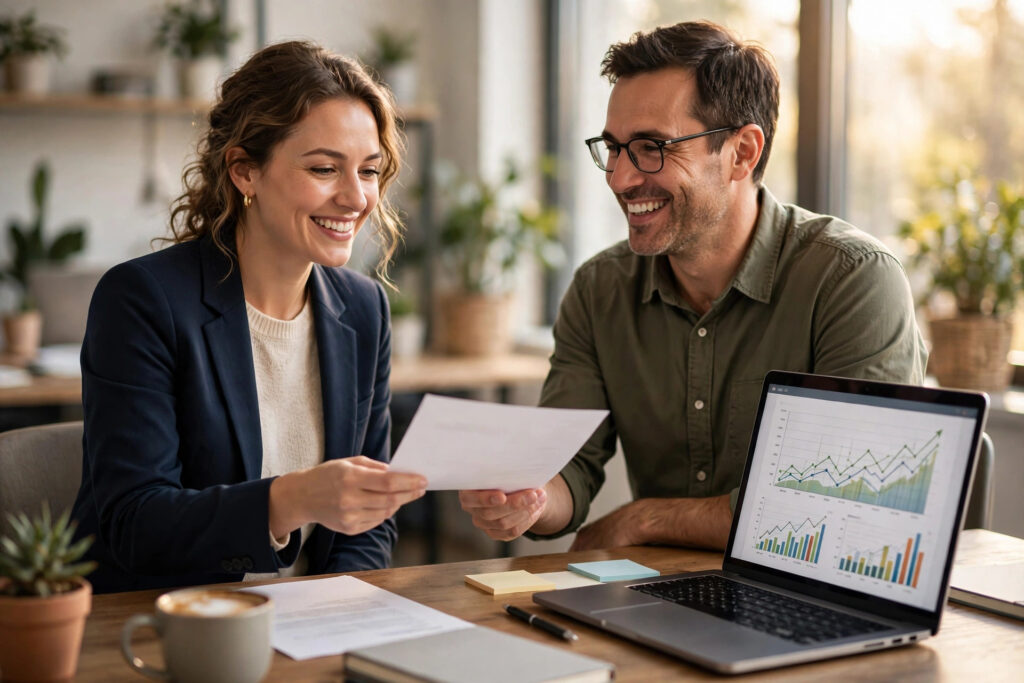 Marketing consultant presenting a tailored SEO proposal to a smiling business owner in a bright modern office