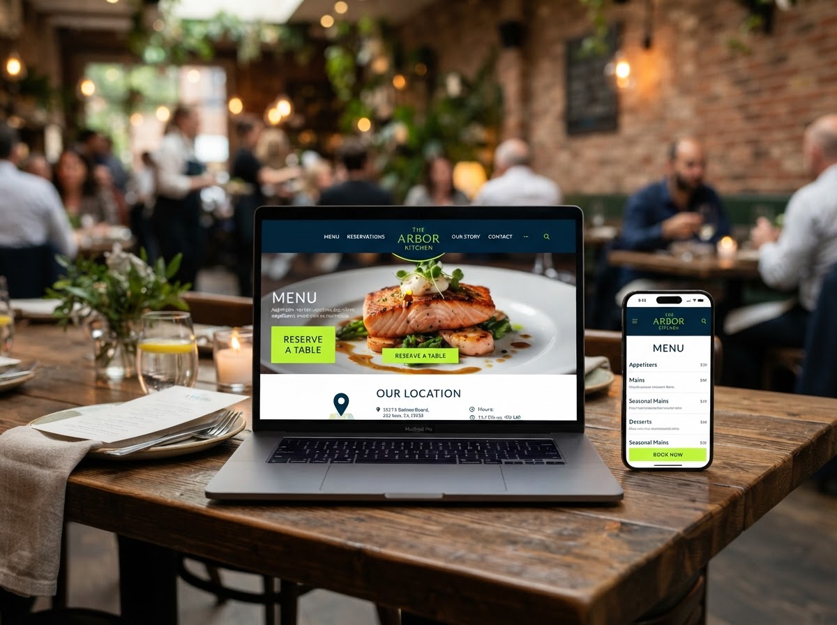 Restaurant website design - menu page, reservation button, and local SEO on mobile