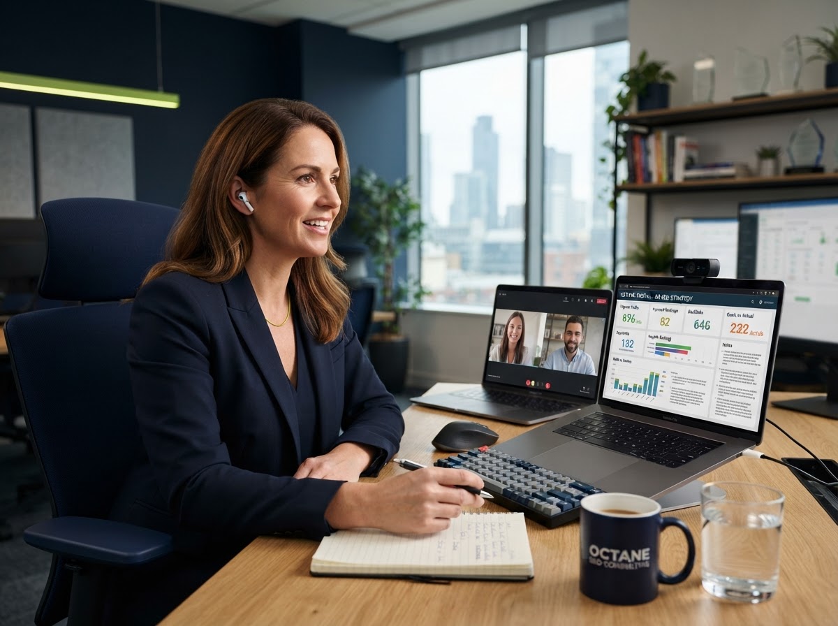 SEO consulting - senior strategist on a video consultation call with strategy dashboard