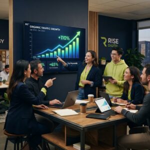SEO growth package — rising traffic charts and growth metrics illustration
