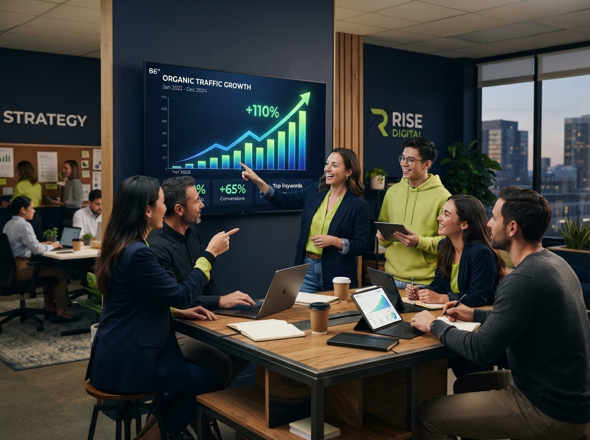 SEO Growth Package - marketing team collaborating around organic traffic growth chart