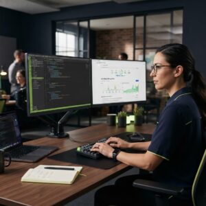 Technical SEO implementation — developer optimizing website code, speed, and site structure