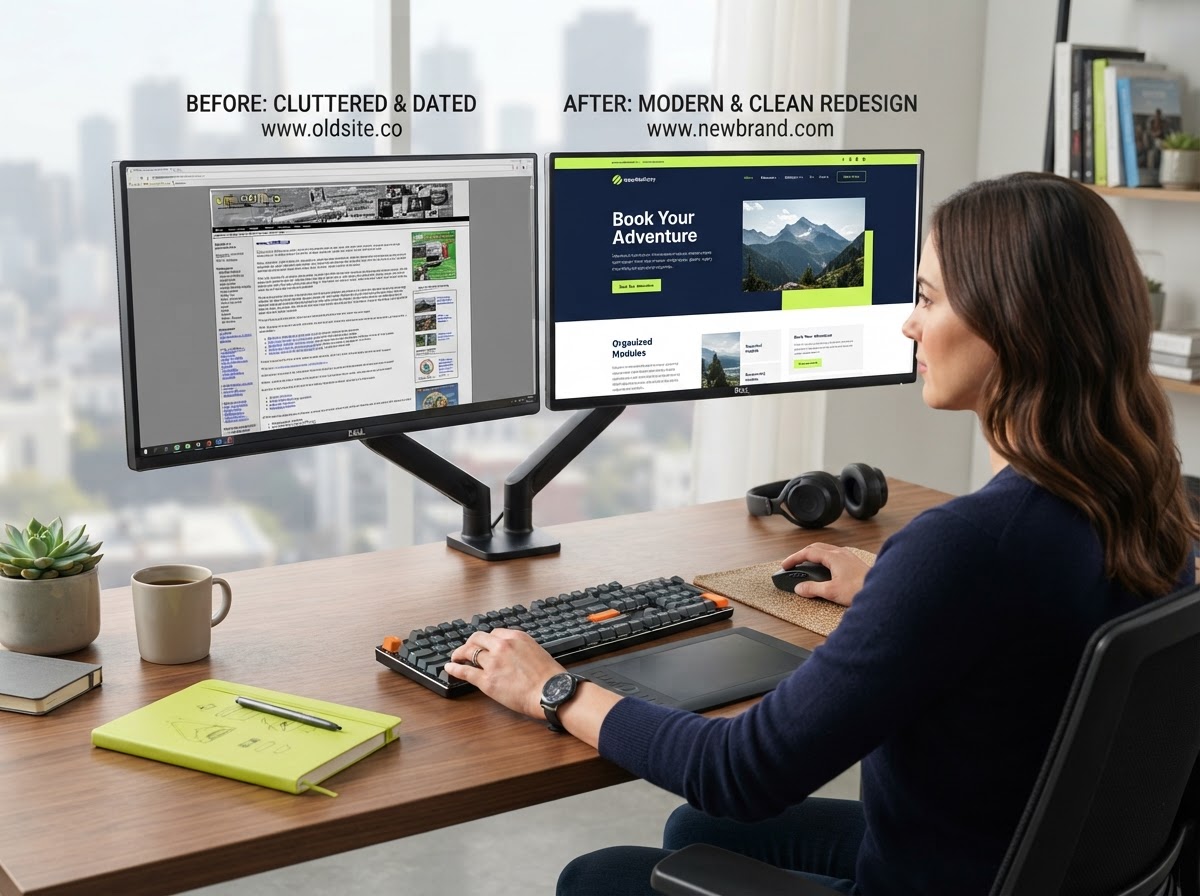 Website redesign - before and after comparison of old cluttered site to modern clean design